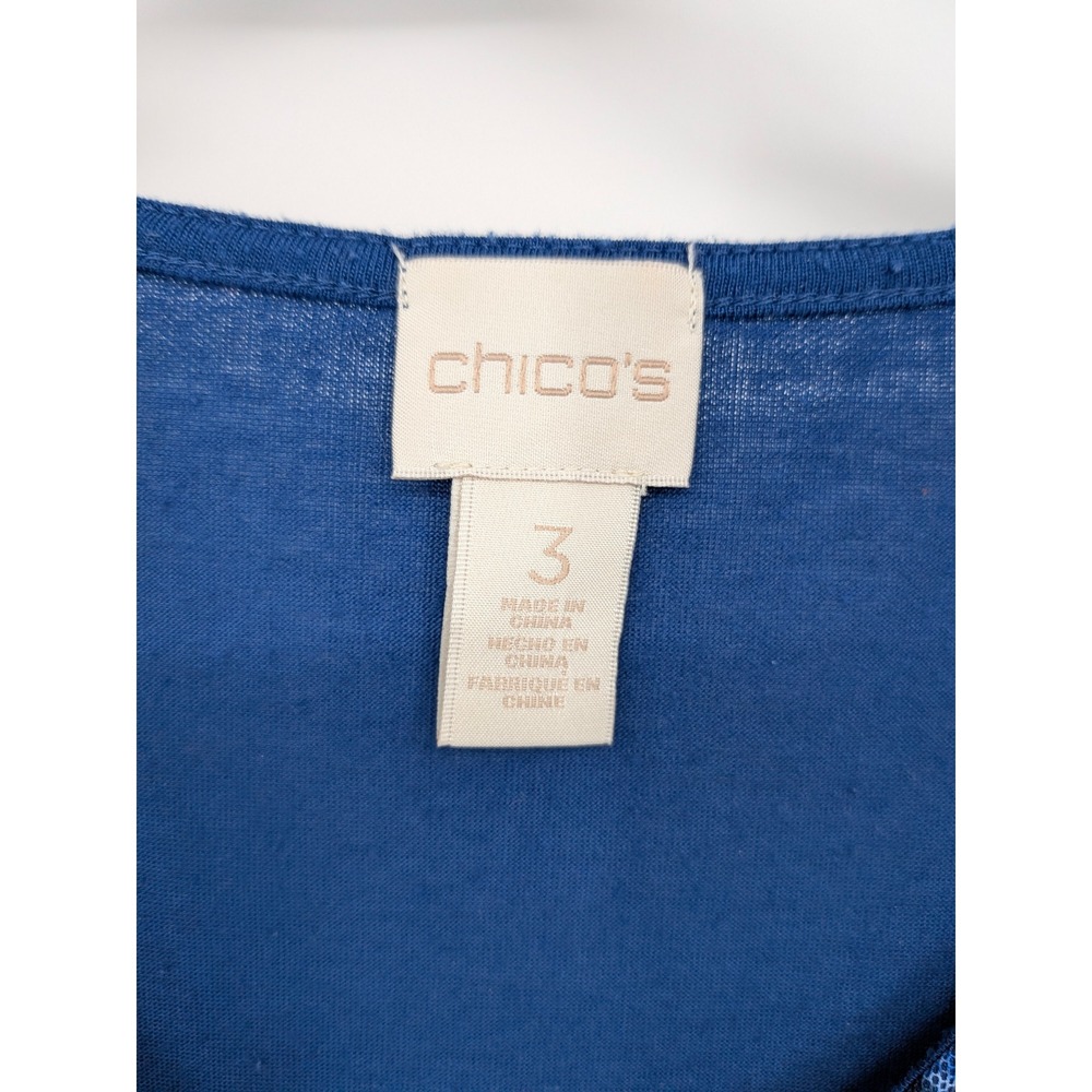 Chicos Top Women XL Blue Mesh Overlay V-Neck Long Sleeve Damask Print Blouse - Picture 4 of 7